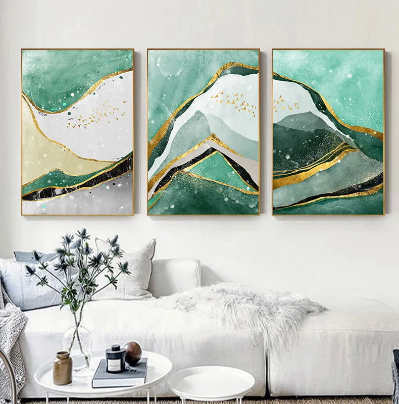 Abstract Golden Foil Green Moutain Painting Tableaux Big Poster Print Modern Wall Art Living Room Cuadros Salon Decoracion