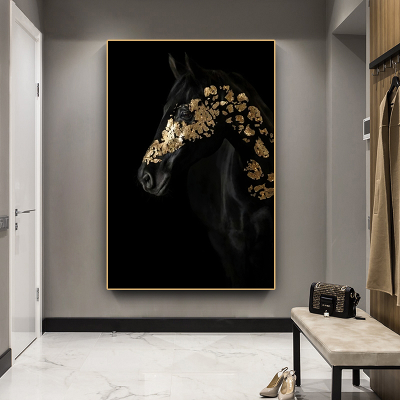 Canvas Painting For Living Room Black And Gold Horse Poster Creativity Decoration Light Luxury Animal Print Oil