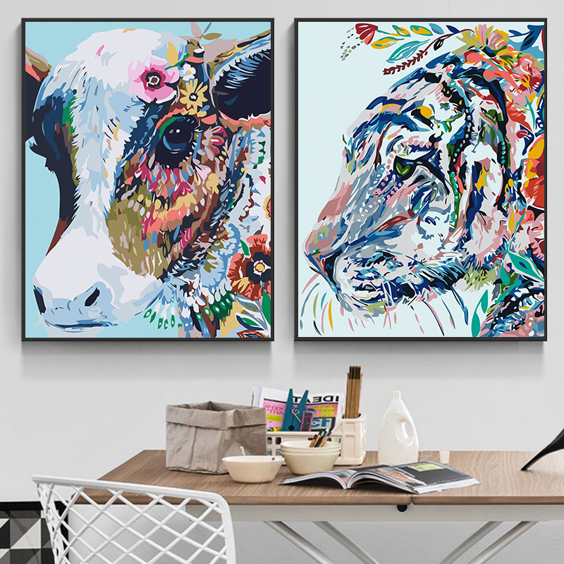 Abstract Colorful Cow N Tiger Canvas Painting Posters Print Unique Wall Art Pictures For Living Room Bedroom