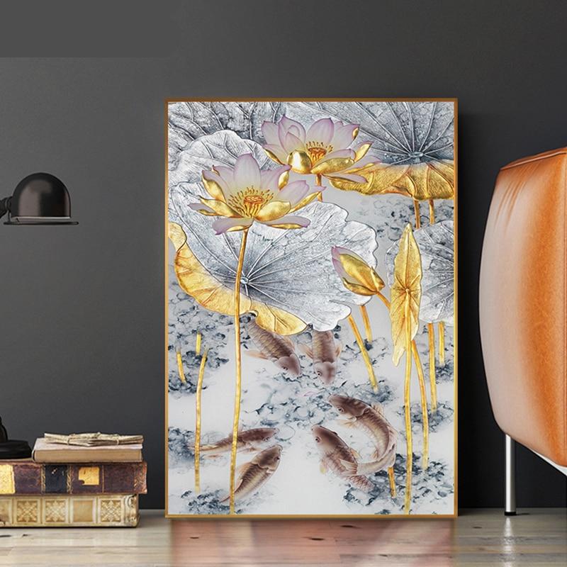 Abstract Gold Lotus Canvas Painting Golden Foil Poster Print Chinese 3d Wall Art Pictures Living Room Tableaux