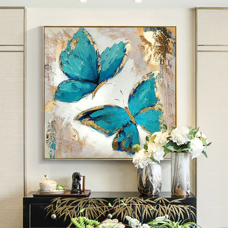 100% Hand Painted Abstract Modern Blue Butterfly Art Oil Painting On Canvas Wall Live Room Home Decoration