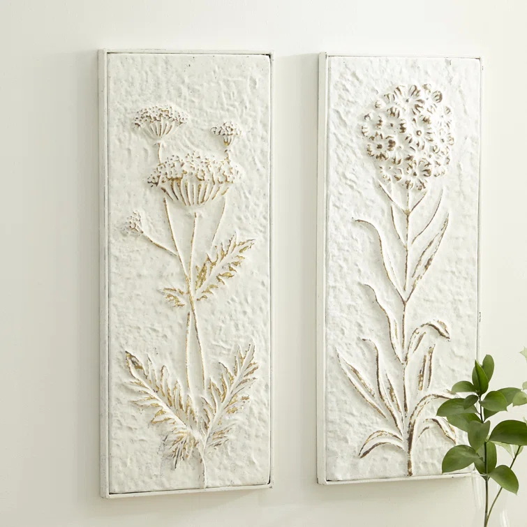 2 Piece White Metal Relief Floral Wall Décor with Gold Detailing Set