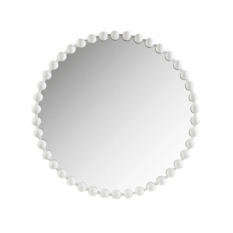 Beaded Round Metal Wall Mirror- White