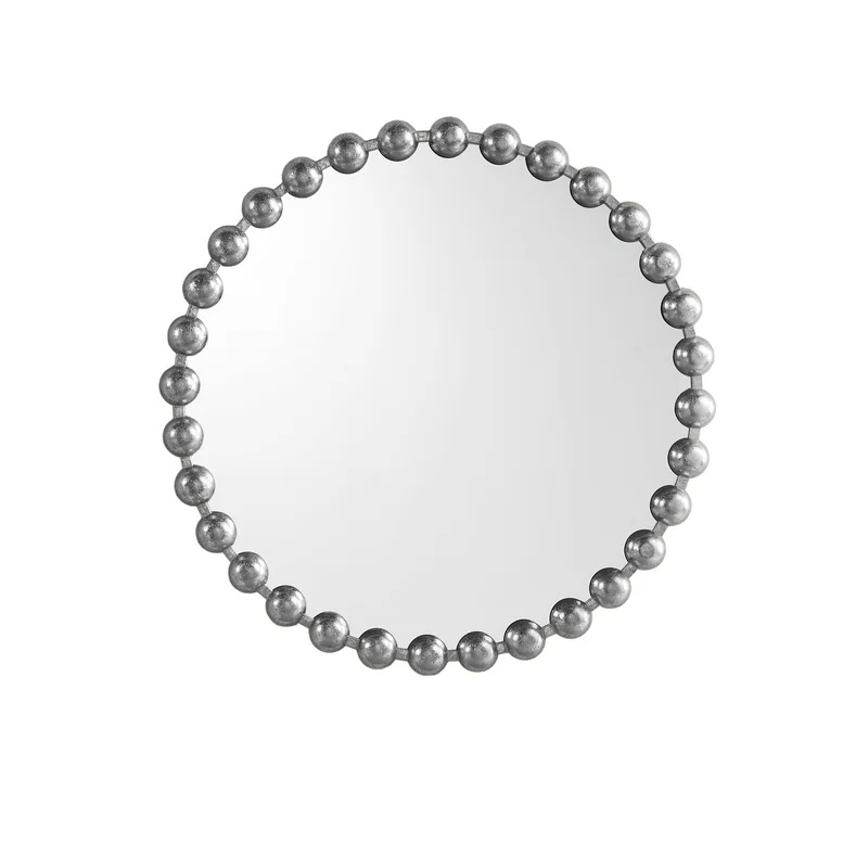 Beaded Round Metal Wall Mirror-Sliver